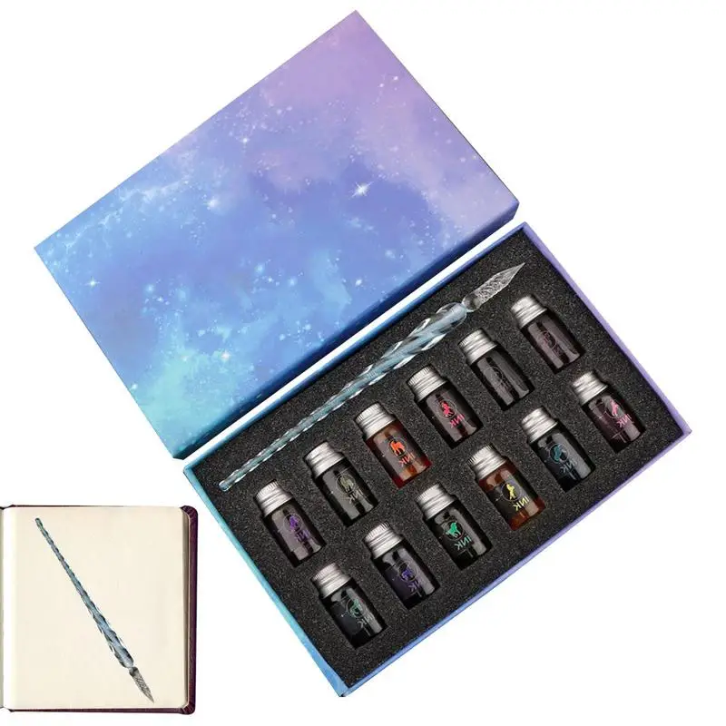 Glass Dip Pen Set Crystal Starry Sky Calligraphy Dip Pen Glitter Powder Fountain Pens 12-Color Inks Writing Pencil Gift Box