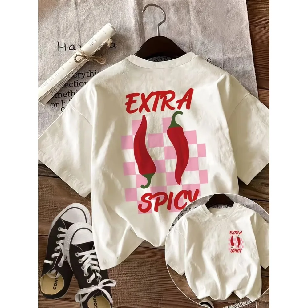 Extra Spicy Chili Print T-shirt Crew Neck Short Sleeve Vintage Double Sided Trendy Summer Casual Cotton Unisex Graphic Tee