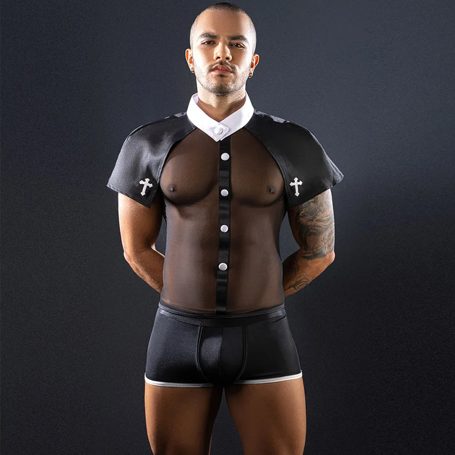 JSY Sexy Priest Uniform Cosplay Lingerie Men Underwear Black Bodysuit Nightwear Erotic Lingerie Costumes Sexy Role Play Outfit