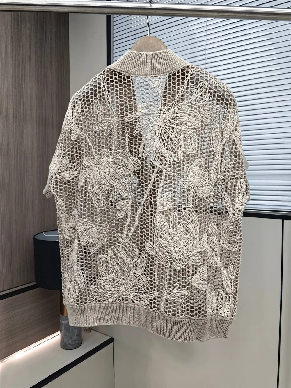 Women's Short Sleeve Knitted Cardigan, Embroidered Flower, Sequins Hollow Knit Top, Female Clothing