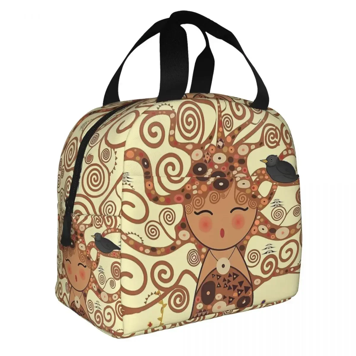 Kokeshi Tree Of Life Insulated Lunch Bags Thermal Bag Reusable Stoclet Frieze Gustav Klimt Portable Tote Lunch Box Food Bag