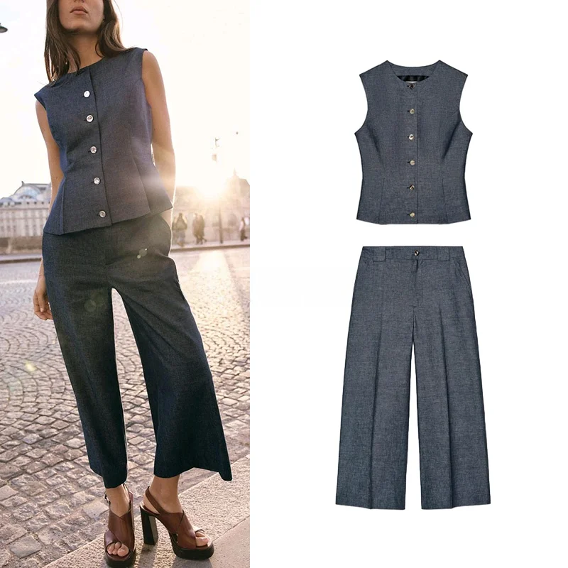 

High Waist Wide Leg Casual Pants And Pleated Linen Blend Vest Faion Set for Women in Their Late Twenties And Early Thirties
