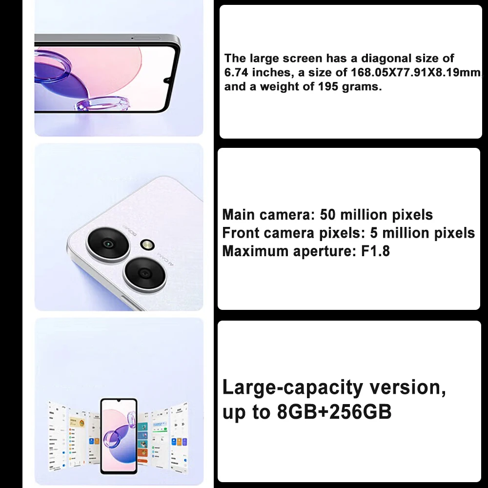Redmi 13C 4G ultra-thin and stylish smartphone 8GB + 256GB/5000mAh long battery life/facial recognition/fingerprint unlock