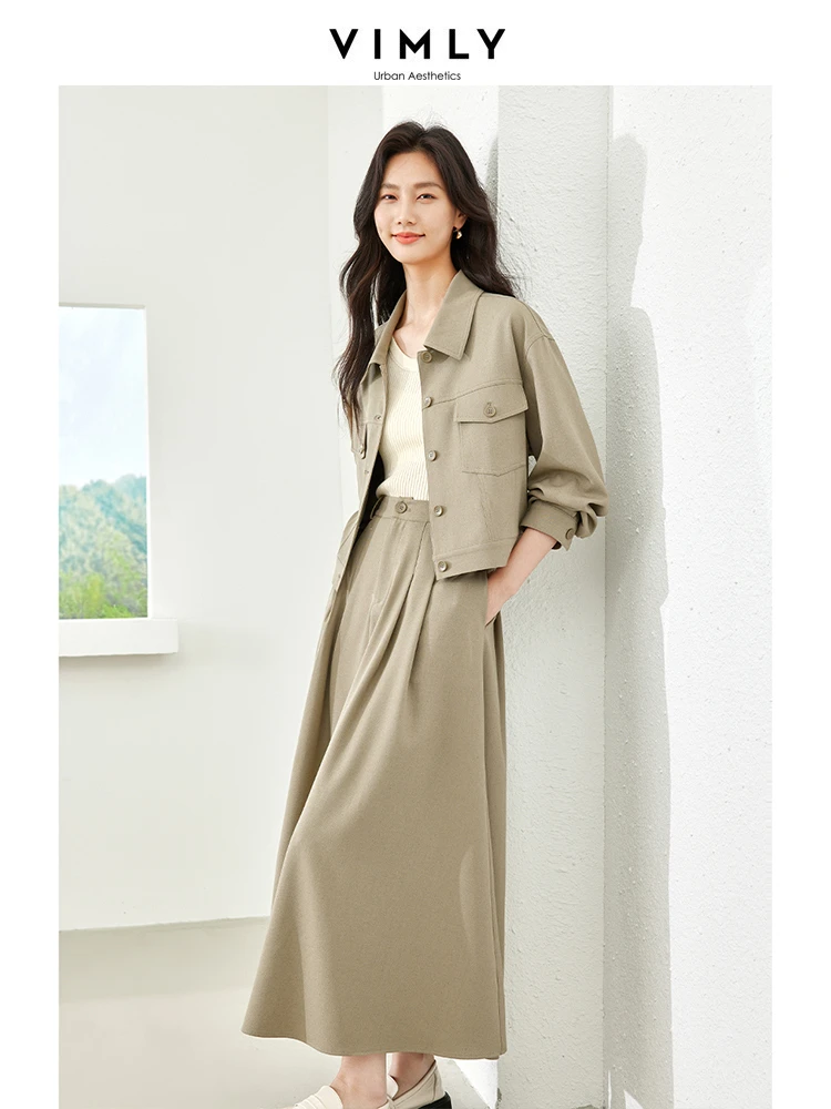 Vimly Linen Blend 2 Piece Sets Women Vacation Outfit 2024 Spring Clothing New in Matching Sets Crop Jacket Maxi Skirt Suit M5755