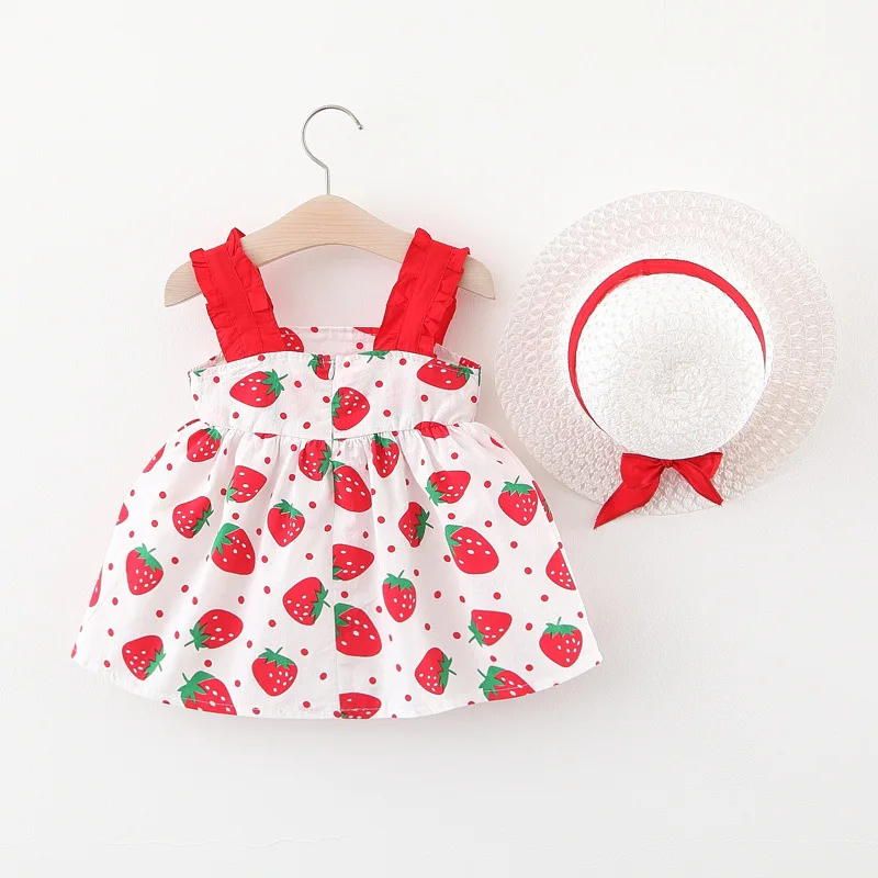 2Pcs/SetSummer Girls' Dress New Cross border Children's Wear Cute Bow Decoration Strawberry Print Sling Dress Comes with Hat