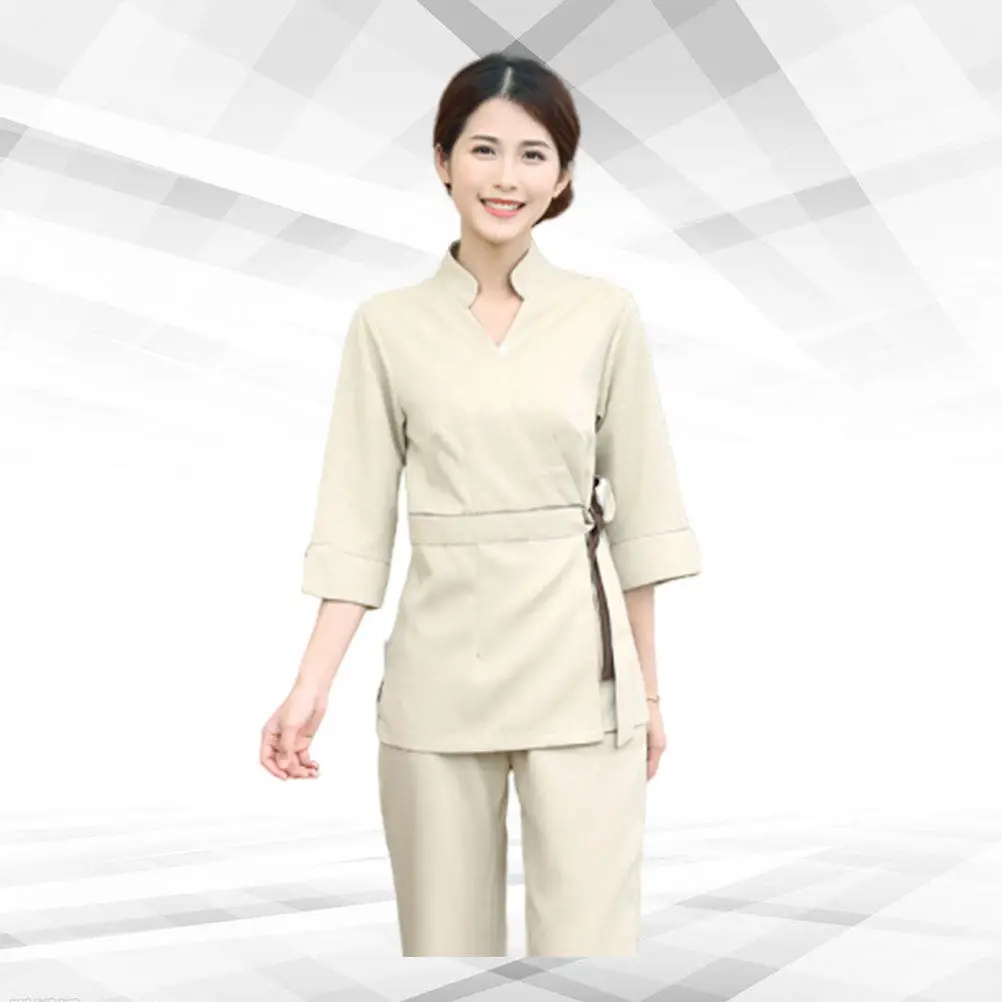 

Комплект рабочей одежды для косметолога: хлопковая униформа из двух предметов, бежевая, размер, для салона красоты, с V-образным вырезом, длинный рукав, удобный костюм