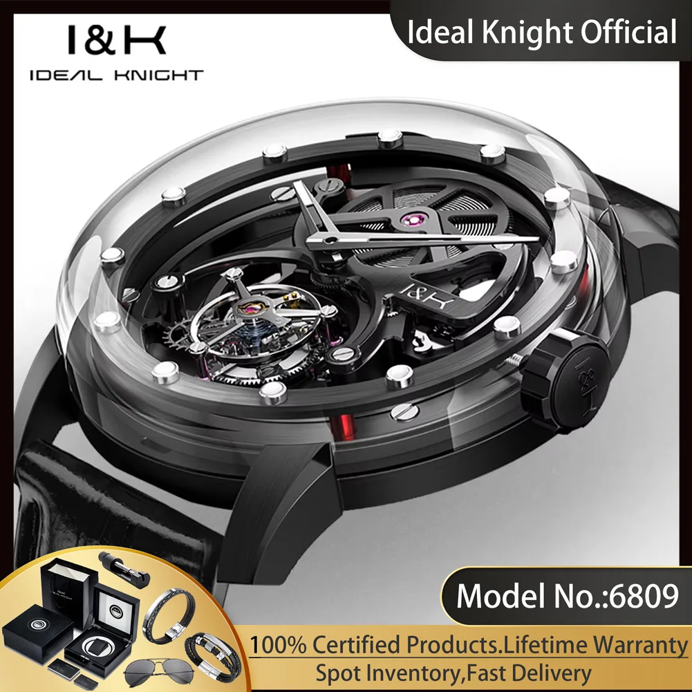 

IDEAL KNIGHT 6809, настоящие мужские часы с турбийоном, элитные роскошные прозрачные полые полностью автоматические механические наручные часы, новые