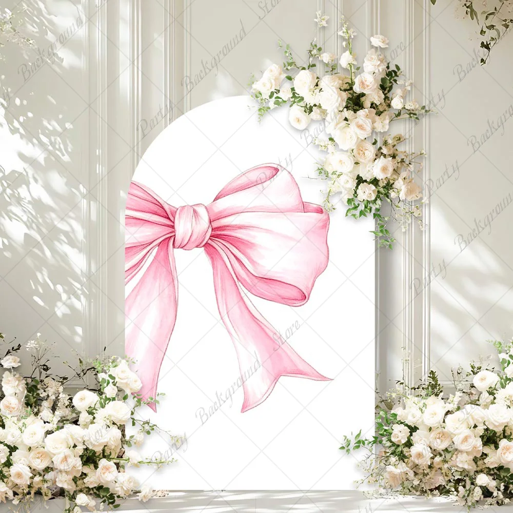 

Pink Bow Arch Backdrop Cover for Sweet Girl Birthday Party Decoration Pink Floral Baby Shower Arched Background 2-Sided Decors
