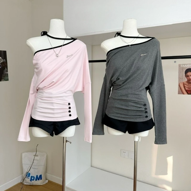 

Deeptown Elegant Sexy T-Shirts Sweet Off Shoulder Coquette Pink Tees Korean Style Lace Up Gray Long Sleeve T-Shirt Aesthetics