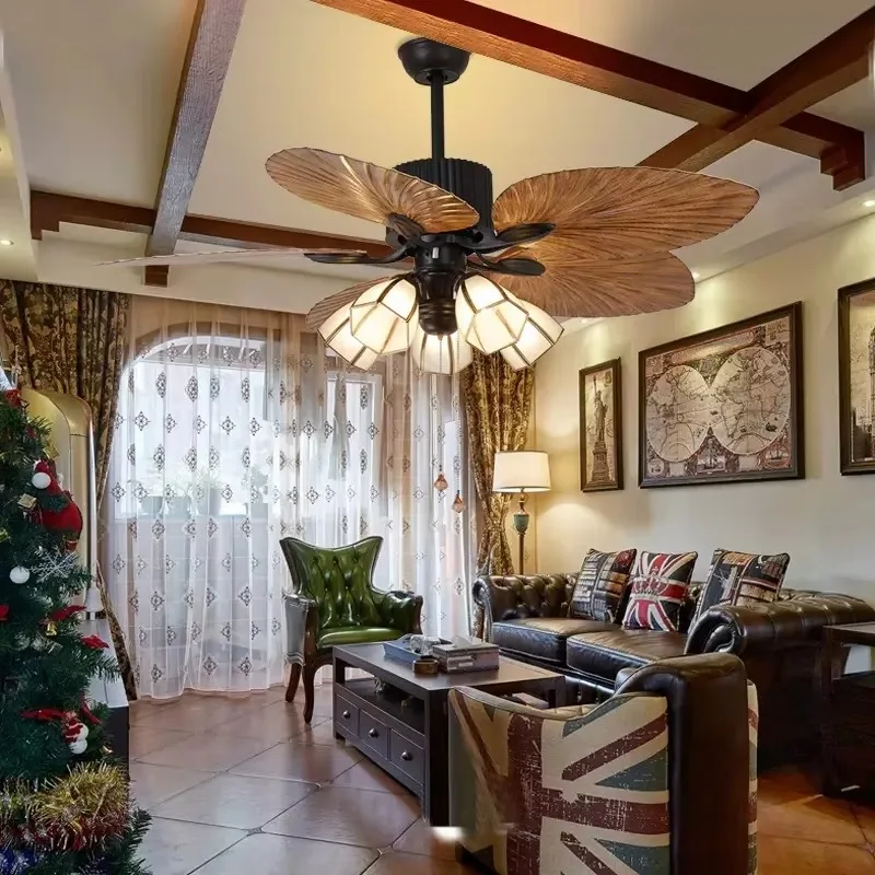 

Vintage Vec Homestead Retro Luxury Living Room Acrylic 5 Bronze Palm Leaf Leaves Blade Ceiling Fan With 5 Lamp Light