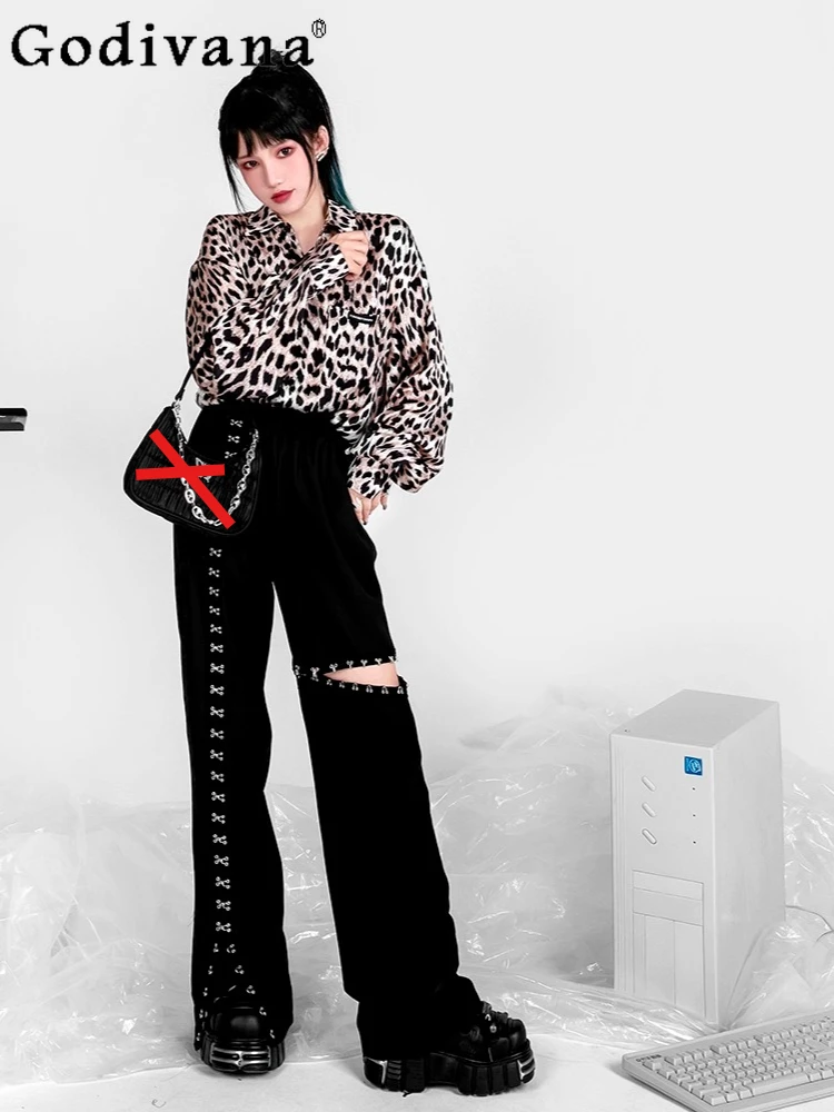 

Black Punk Metal Buckle Spring Summer Wide-leg Trousers High Waist Hollow Splicing Asymmetrical Personalized Girls Loose Pants
