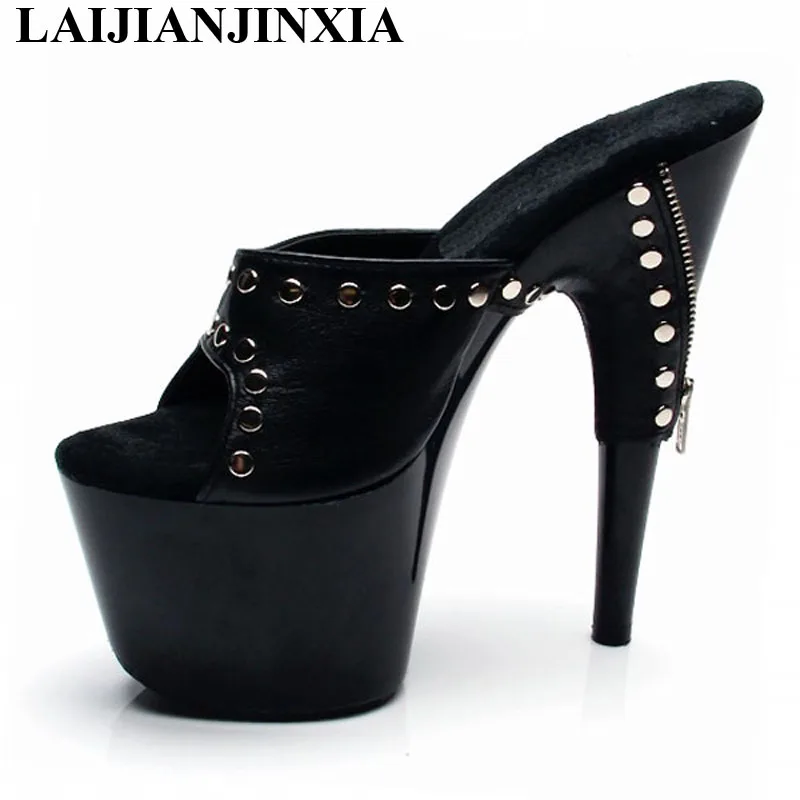 LAIJIANJINXIA New PU Sexy Exotic Pole Dancing Shoes Summer Women Slippers 17CM High Heels Size 34-46 G100