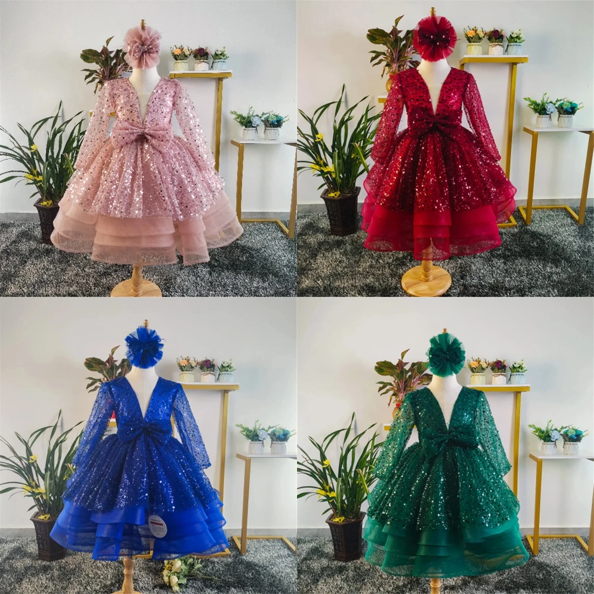 

Lovely Flower Girl Dress Glitter Sequined Shiny Tulle Puffy with Bow For Kids Wedding Party Princess Birthday Evening Ball Gowns