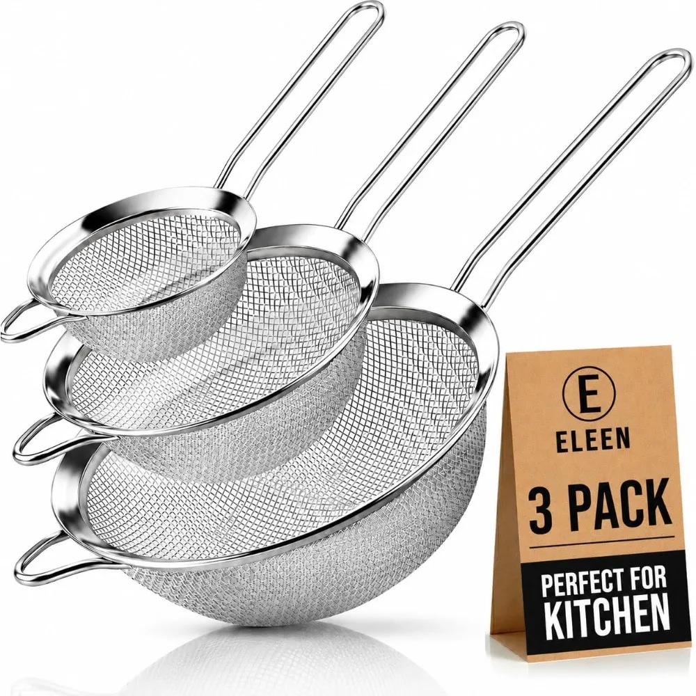 Premium Stainless Steel Fine Mesh Kitchen Strainer Sieve Colander Set of 3 Sizes for Sifting Pasta Tea Rice Vegetables with Non-Slip Handles