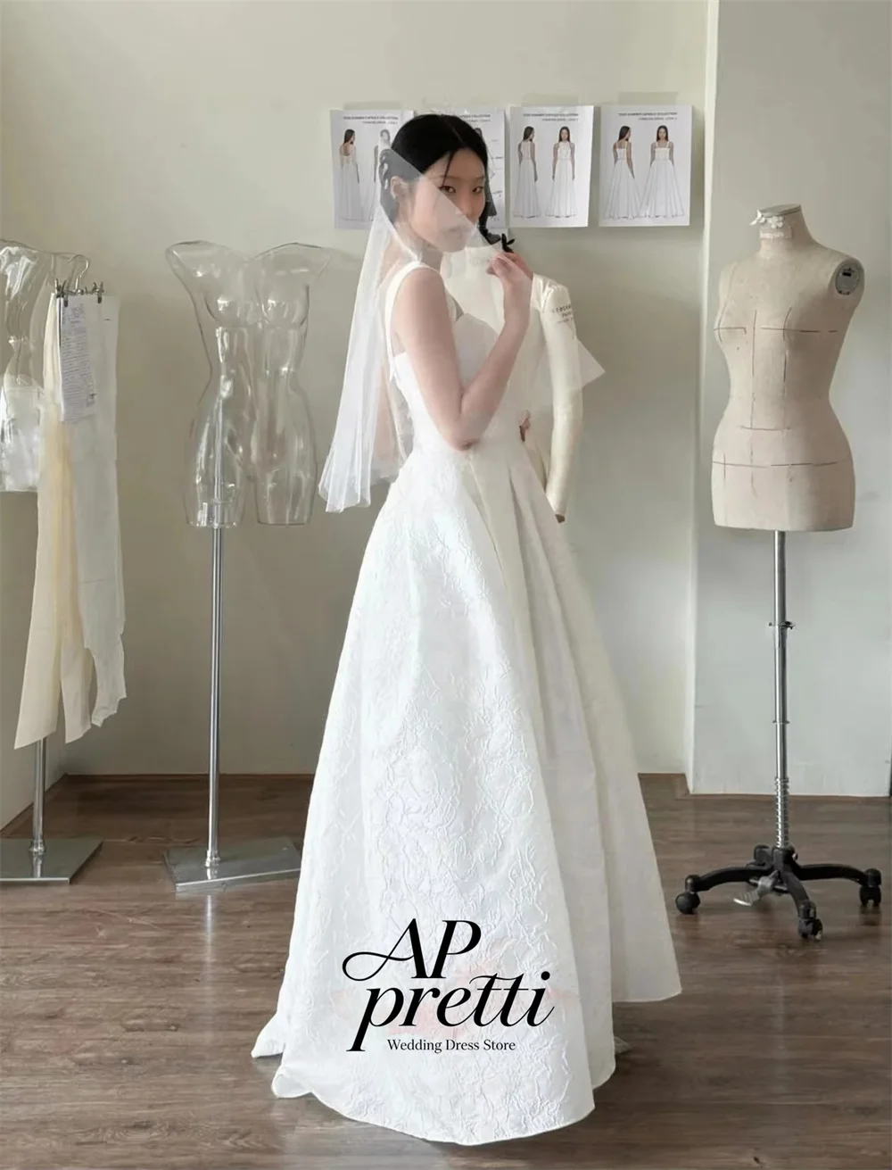 AP pretti Modern Ivory Spaghetti Strap Lace Korea Wedding Dress Photo Shoot Customized Sleeveless A-line Pretty Dress for Bride