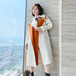 Giacca a vento di media lunghezza con colori a contrasto vintage primavera autunno con cintura Trench femminile coreano a maniche lunghe con risvolto casual Beige