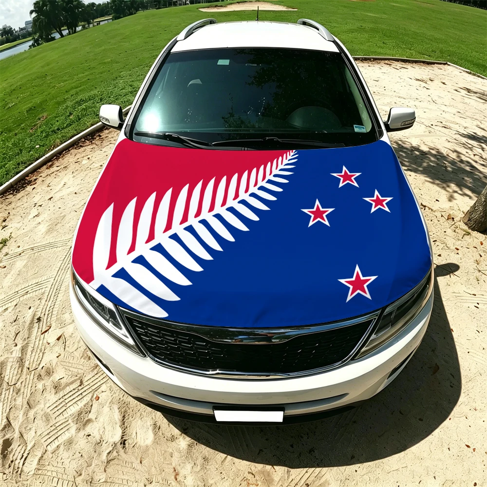 130x160cm New Zealand Silver fern Flag Car Hood Cover, Elastic Windproof Patriotic Bonnet Banner Cheer for the competition