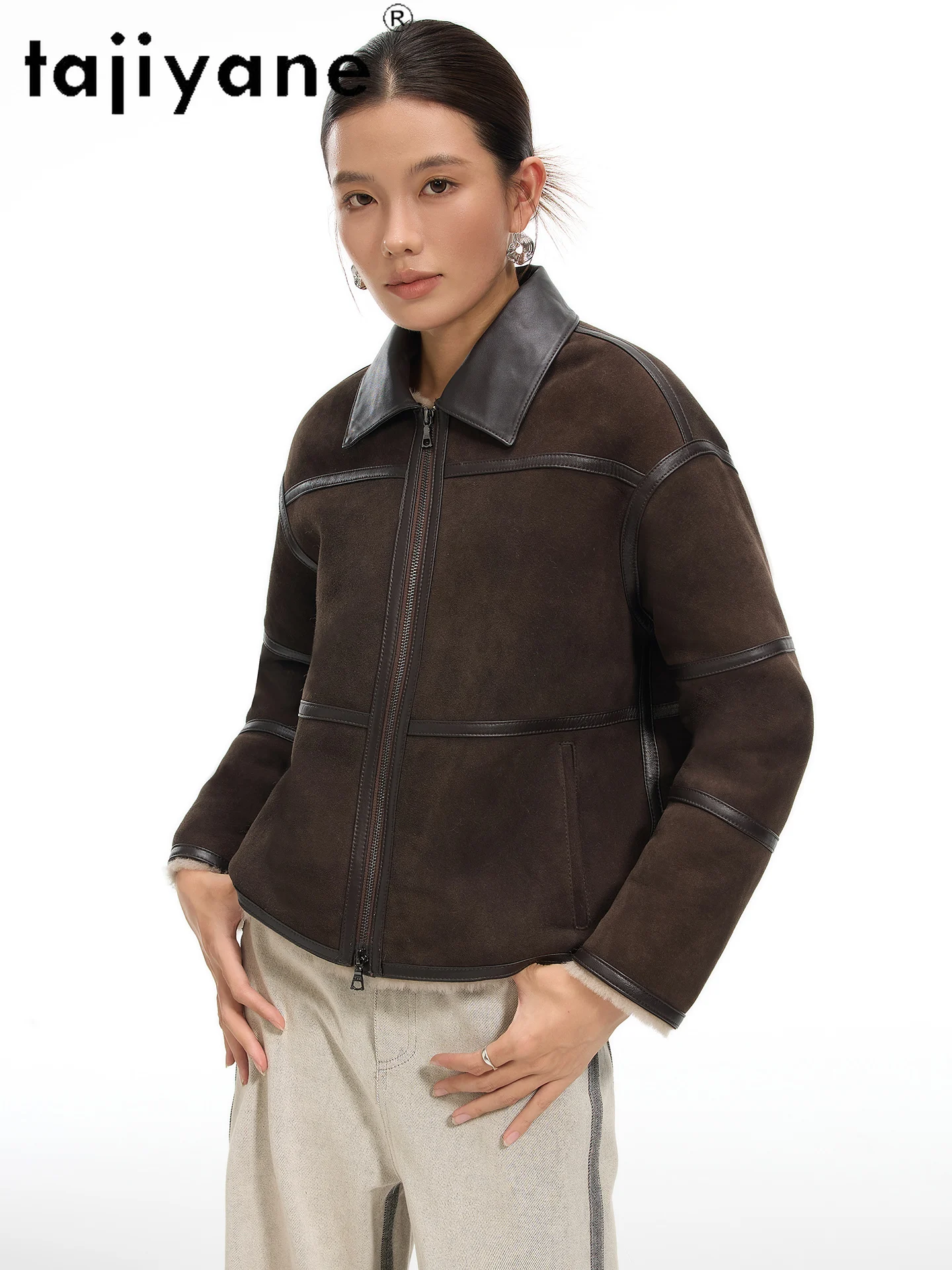 TAJIYANE صوف ميرينو الطبيعي جلد الغنم مزدوج الوجه الفراء معطف قصير امرأة أنيقة سترات من الفرو الحقيقي الشتاء ملابس حريمي 2025 schuba