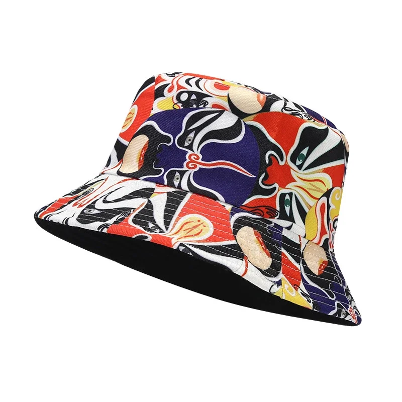 Amber vintage bucket hat printing Panama fisherman hats facial makeup graffiti men women Chinese style double sides Sun Cap