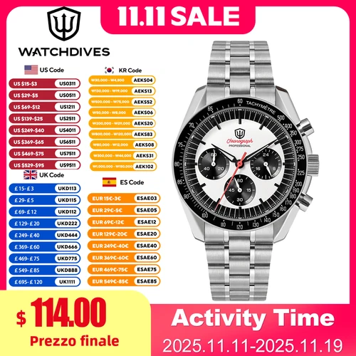 Watchdives WD1863 reloj cronógrafo VK63 barrido segundo movimiento mecánico de cuarzo burbuja zafiro 100M relojes Vintage impermeables