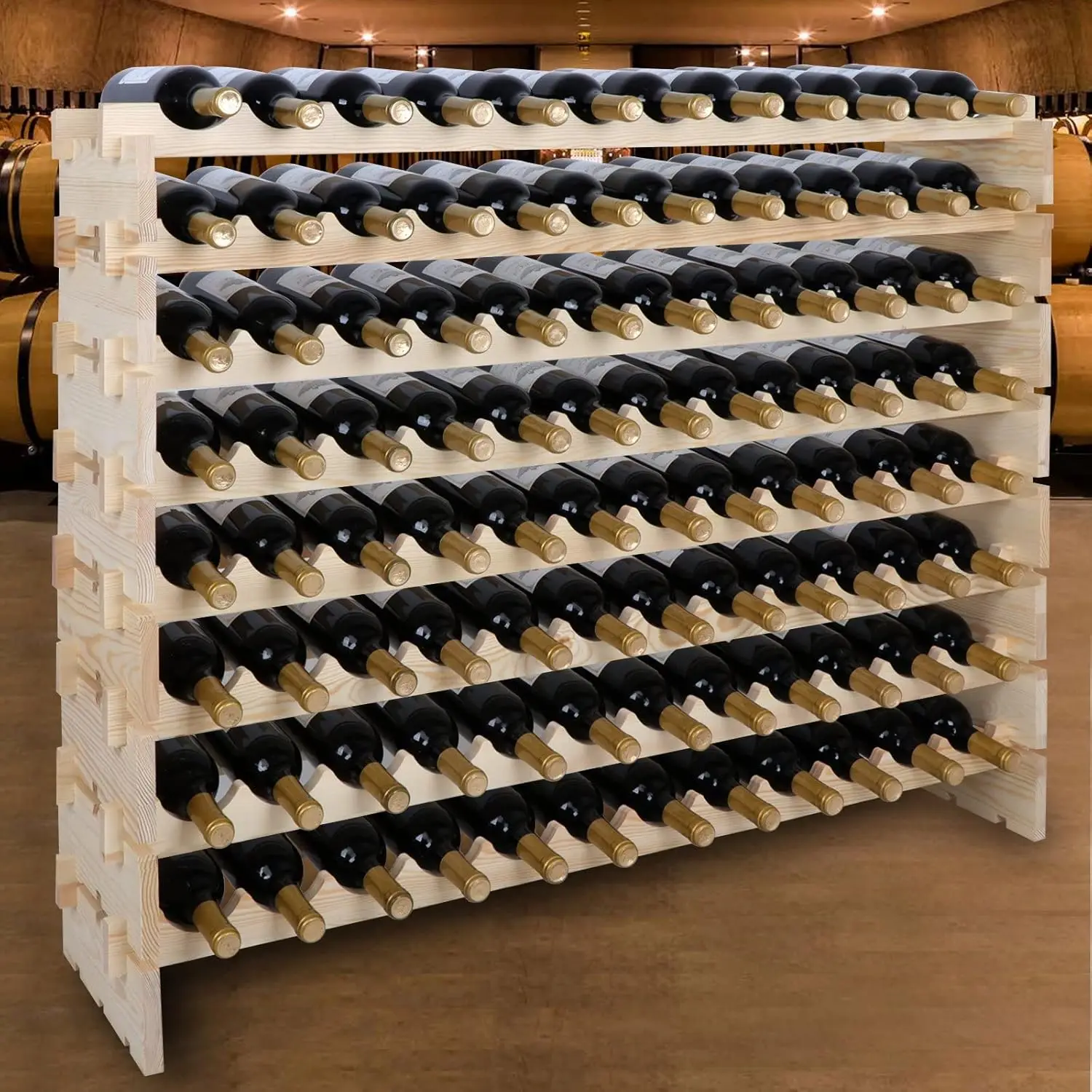 

96 Bottle Modular Wine Rack, Freestanding Solid Wood Stackable Wine Storage, Wobble-Free Floor Display Shelf