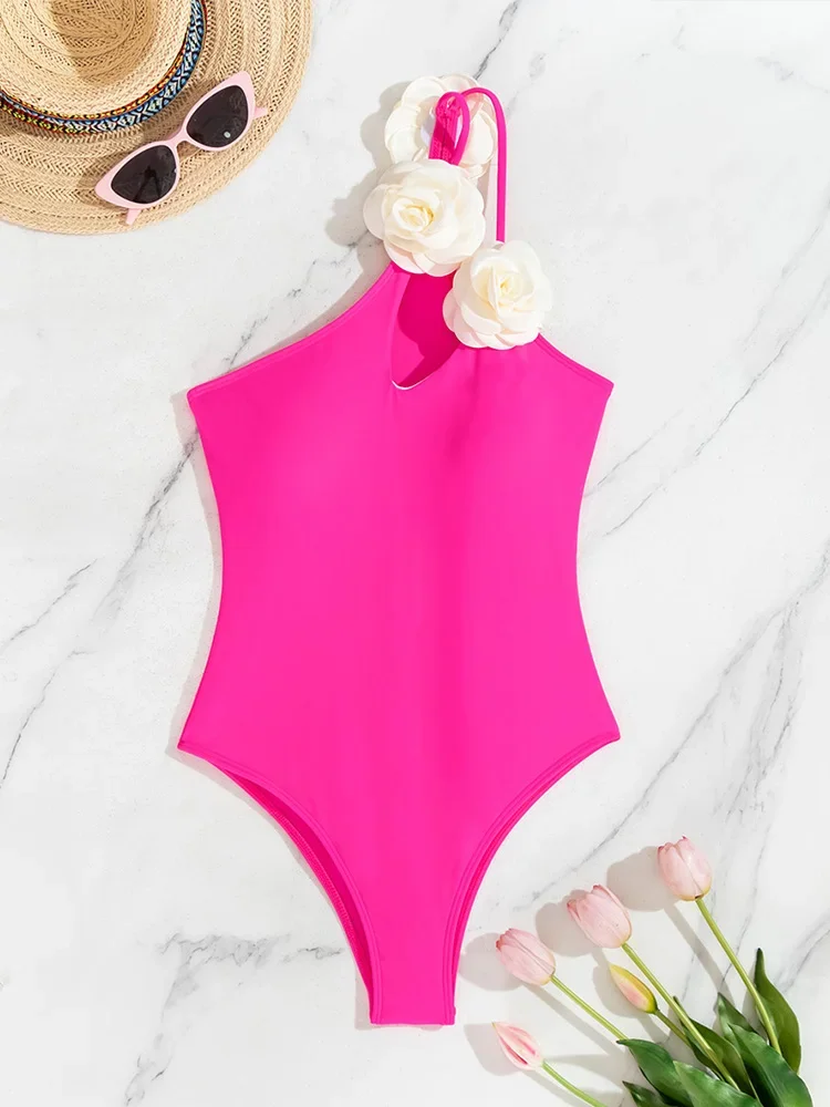 

Sexy Solid Floral One Piece Swimsuit Women High Waist Tight Beach Vacation Bikini 2025 New Summer Swimwear One Piece Swimsuit