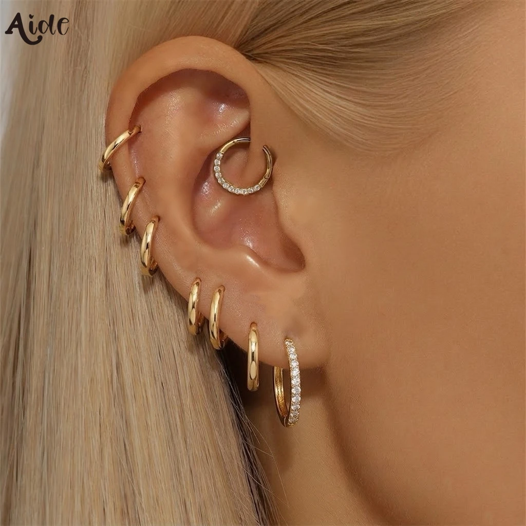 Aide 14K Real Gold 5/6/7/8/9/10mm Mixed Size Plain CZ Paved Hoop Earrings Small Hoops for Women Cartilage & Ear Stacking Jewelry