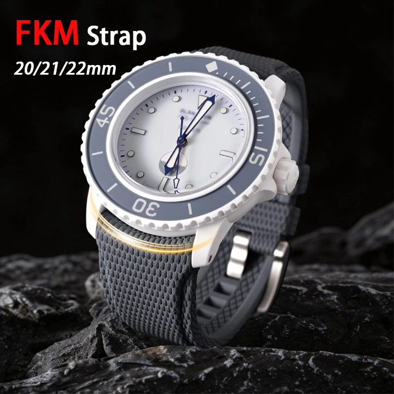 Universal FKM Strap 20mm 21mm 22mm Quick Release Curved End Fluoro Rubber Watch Bracelet Band for Blancpain for Omega MoonSwatch