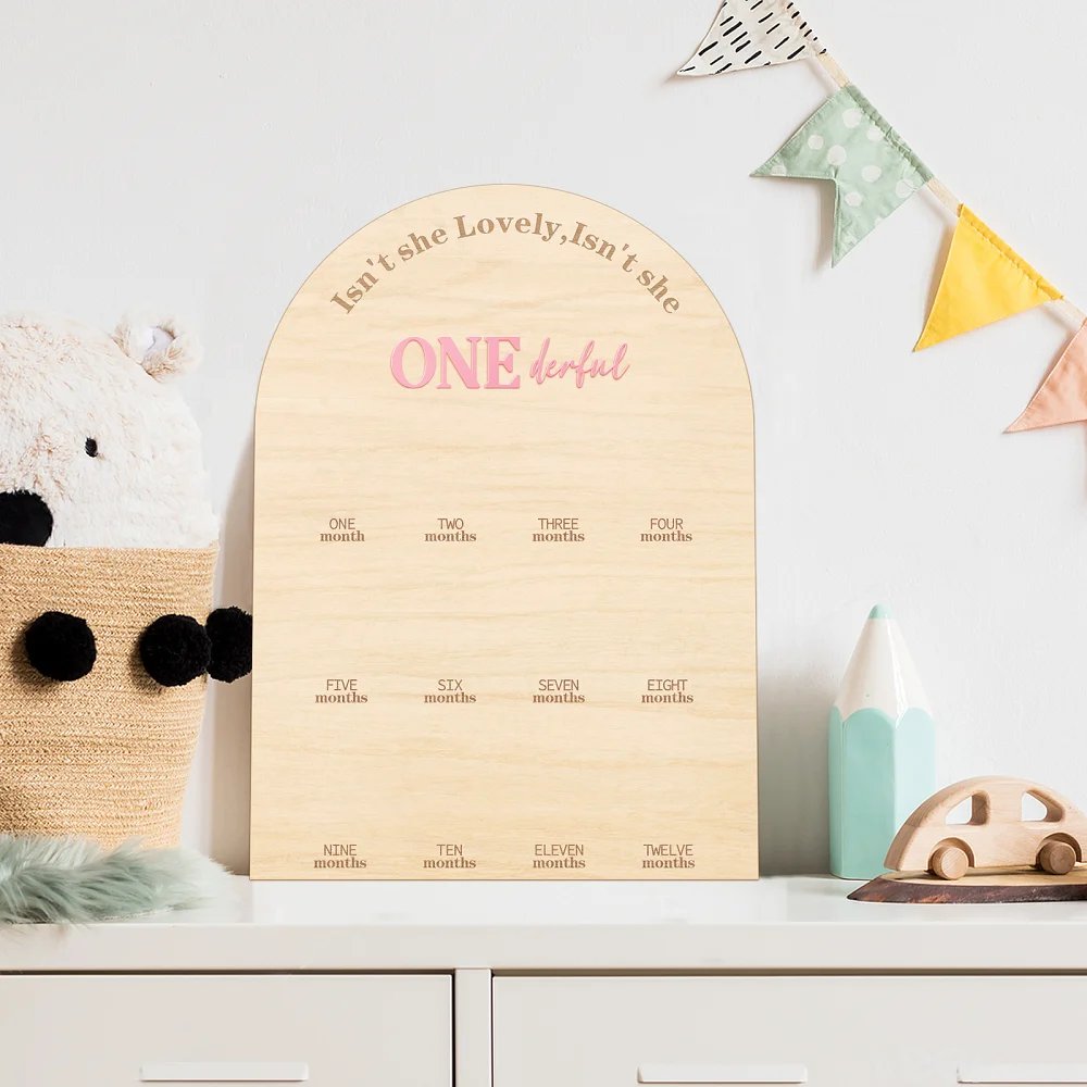 

Pink Acrylic 'Onederful' First Birthday Photo Board - Wooden Milestone Display for Baby Girls, 12 Months Picture Frame