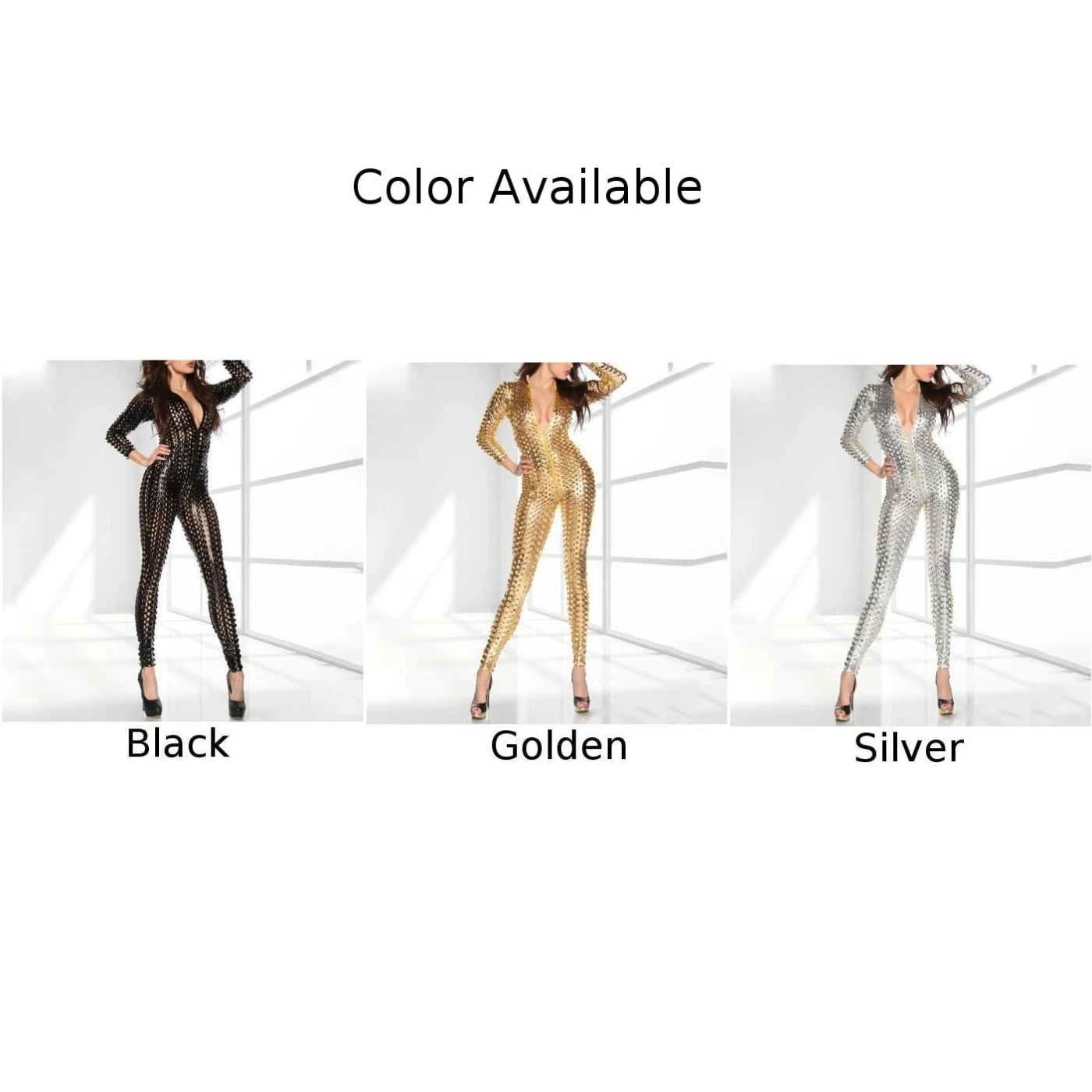 Women Sexy Jumpsuit Zip-up Patent Leather Bodysuit Fishnet Tights Hollow Out Lingerie Solid See-through Nightwear Erotic Wear