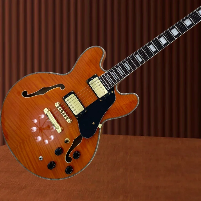 Honey Burst Flamed Maple Semi-Hollow 335 Electric Guitar Double F Hole Gold Hardware HH Humbucker Jazz Blues Free Delivery