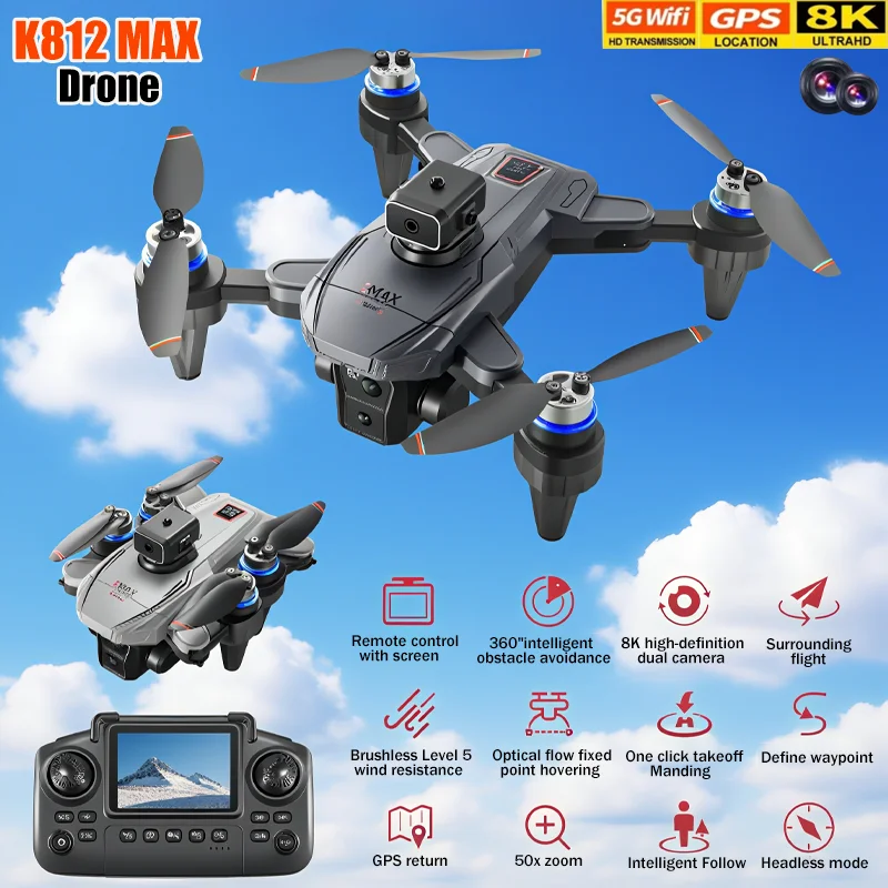 

2025 Новые дроны K812 MAX с экраном 8K HD Аэрофотосъемка GPS 5G Wi-Fi Двойная камера Складной квадрокоптер RC Игрушки для детей Подарки