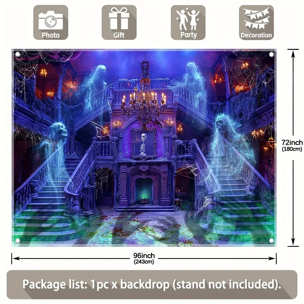 Purple Halloween Haunted house background fabric design ghost staircase photography background, suitable for party decoration