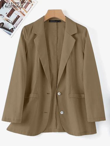 Imagen 2 del producto 2025 ZANZEA chaqueta de mujer moda Otoño camisa de manga larga con cuello de solapa Tops finos chaquetas de algodón sólido elegante OL prendas de vestir de trabajo