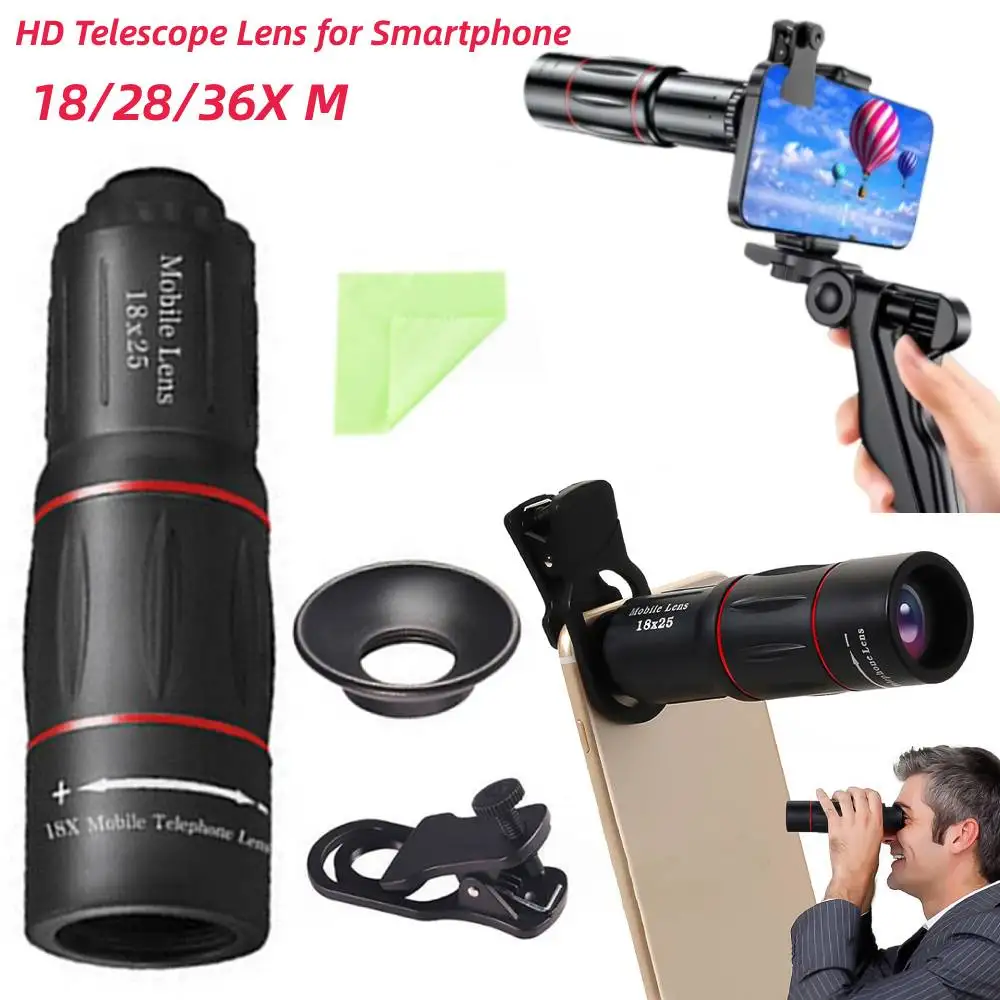 18/28/36X HD Mobile Phone Camera Lens Clip-On Zoom Phone Camera Telephoto Lens Optical Telescope Lens for Camping Hunting Sports