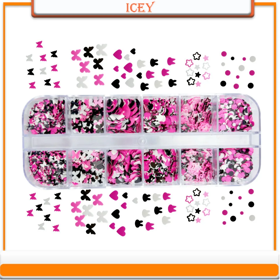 Icey Beauty 1set 12 Box Black and Pink Rabbit Heart Disc Nail Art Glitter Drip Glue Nail Art DIY Slime Filling Material