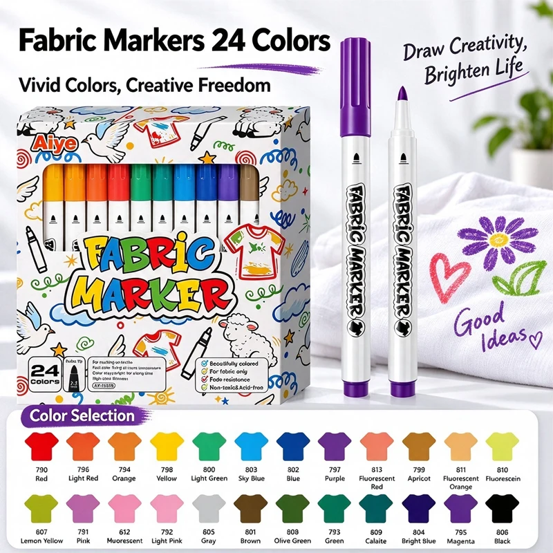24 Colors Fabric Marker Set Permanent Textile Paint Pens Waterproof Fabric Markers for T-shirt Shoes Hat Bag DIY Graffiti Kids