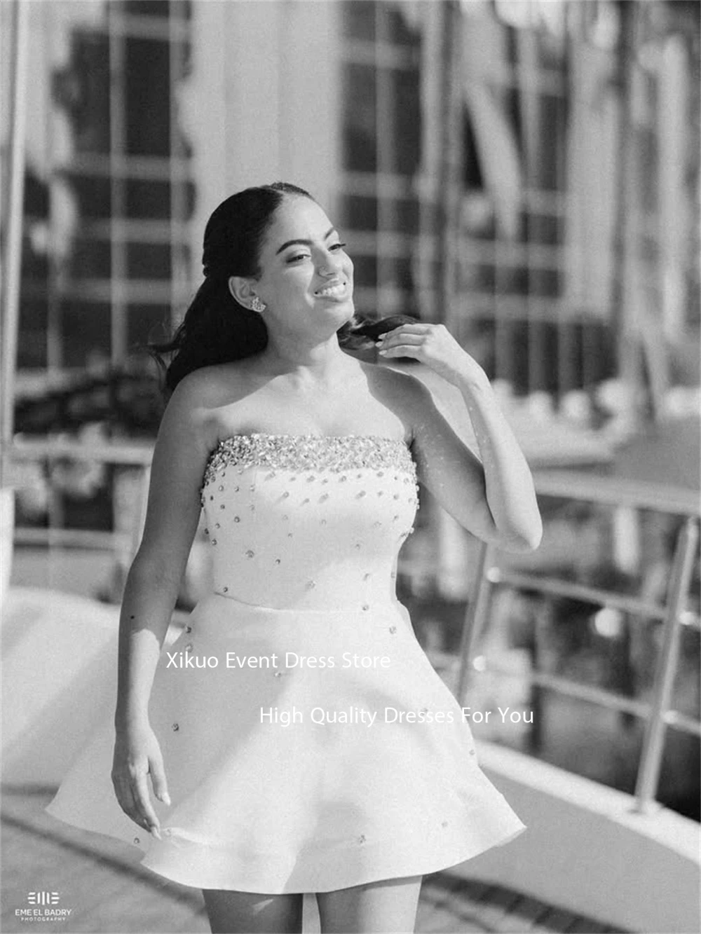 Xikuo Strapless Short A Line Wedding Dress Bling Crystal Prom Gowns Modern Sparkling Lace Up Back Robes De Cocktail Customized