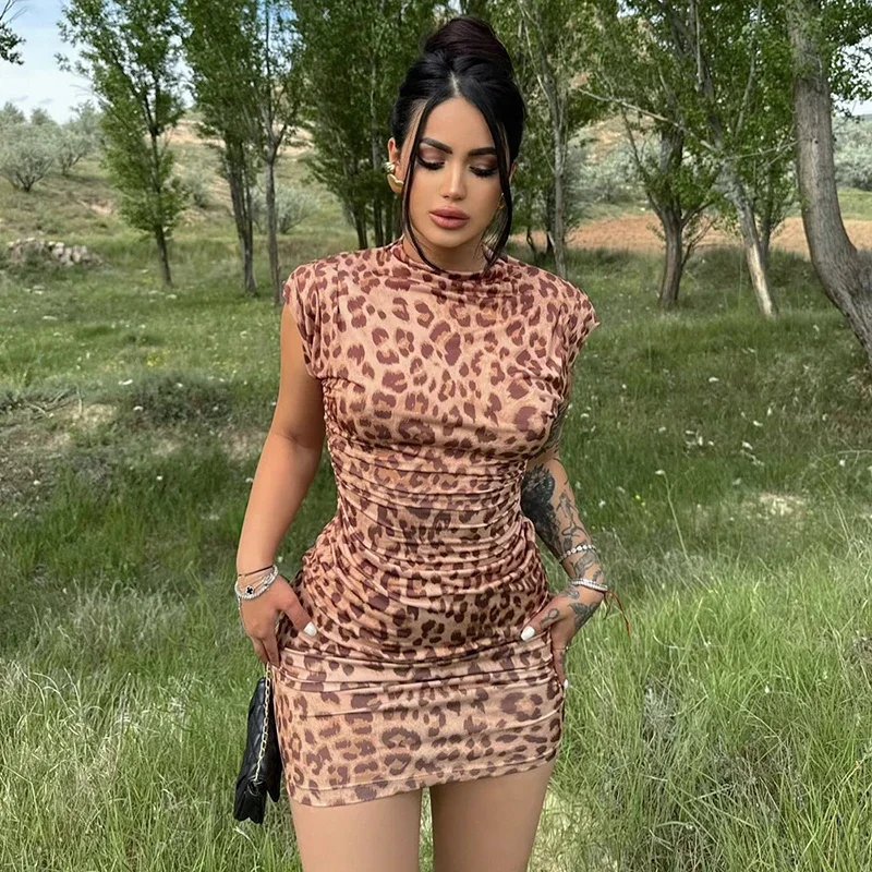 

Fashion Sleeveless Leopard Print Short Mini Dress 2024 Women Clothes Summer High Waist Tunics Folds Hip Holiday Beach