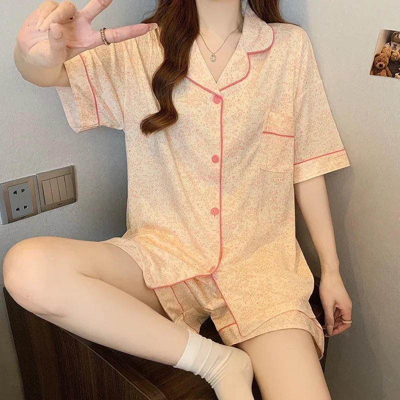 Romantic Small Floral Print Women's Pajamas Literary Aesthetics Home Casual Milk Silk Pyjamas Autumn Spring Fashion Nightwear
