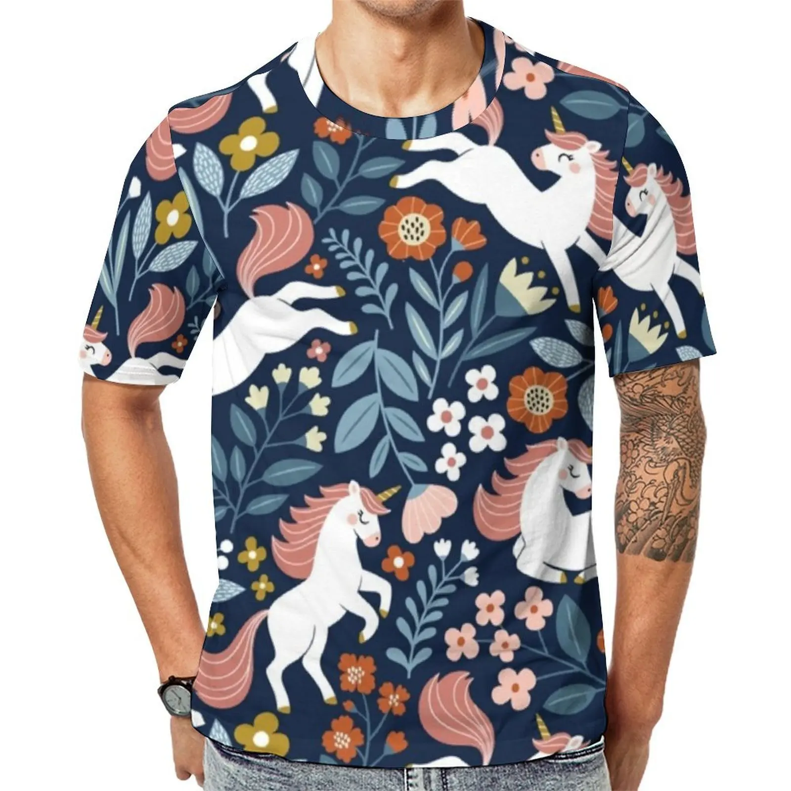 Cute Unicorn T Shirt Floral And Leaf Print Harajuku T-Shirts Man Casual Tshirt Summer Short Sleeve Design Clothing Large Size