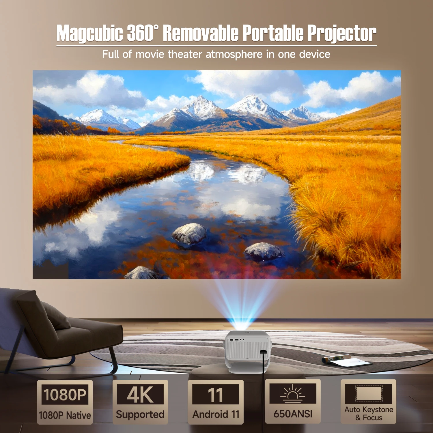 Magcubic 650ANSI L018-projector Native 1080P Android 11 Autofocus en Keystone 4K 360 °   Draai Wifi6 BT5.2 Airmouse-thuisbioscoop