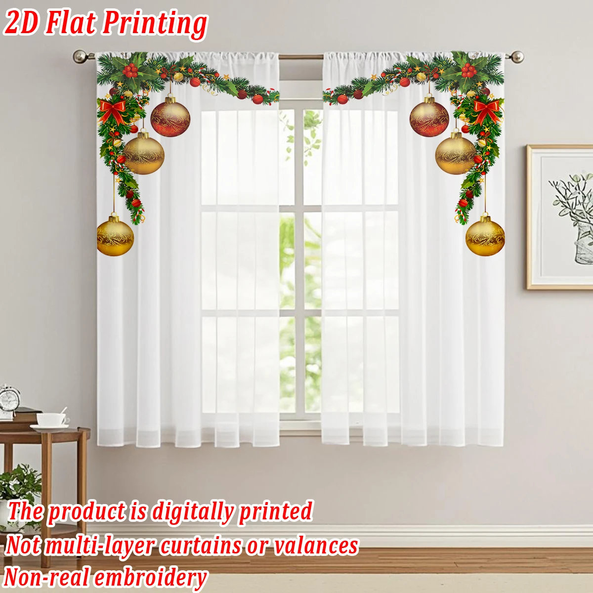 ستارة شفافة للمطبخ بطباعة مسطحة لعيد الميلاد مع زينة فرع كرة الصنوبر لعيد الميلاد وحفلات ديكور المنزل