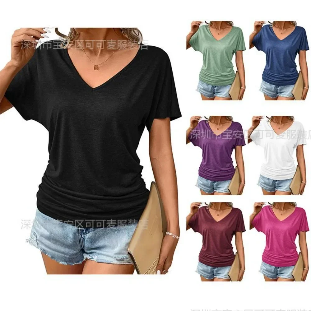 Women Summer Solid Color V Neck Short Sleeve Loose Pullover T-Shirt Casual Daily Office Work Relaxed Fit Chic Minimalist New