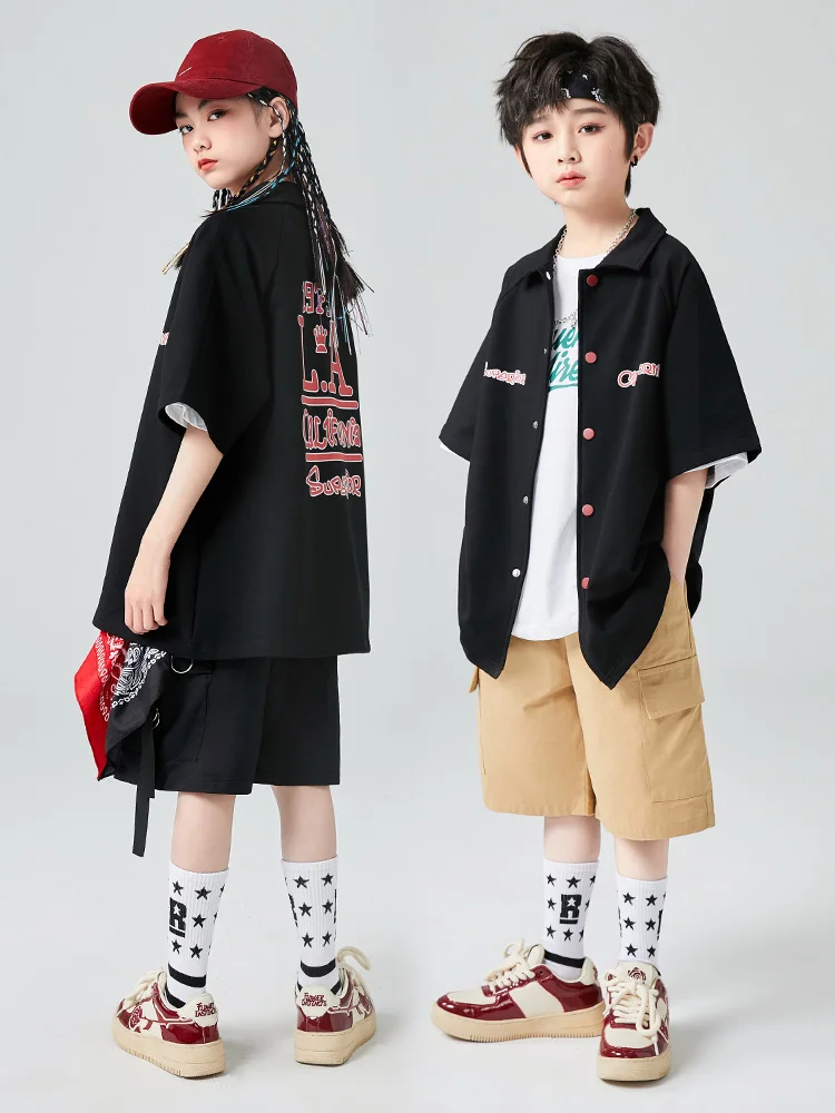 2023 Boys Hip Hop Costume Girls Loose Black Coat Shorts Summer Hip Hop Kids Performance Outfit Fashion Casual Clothing BL10650