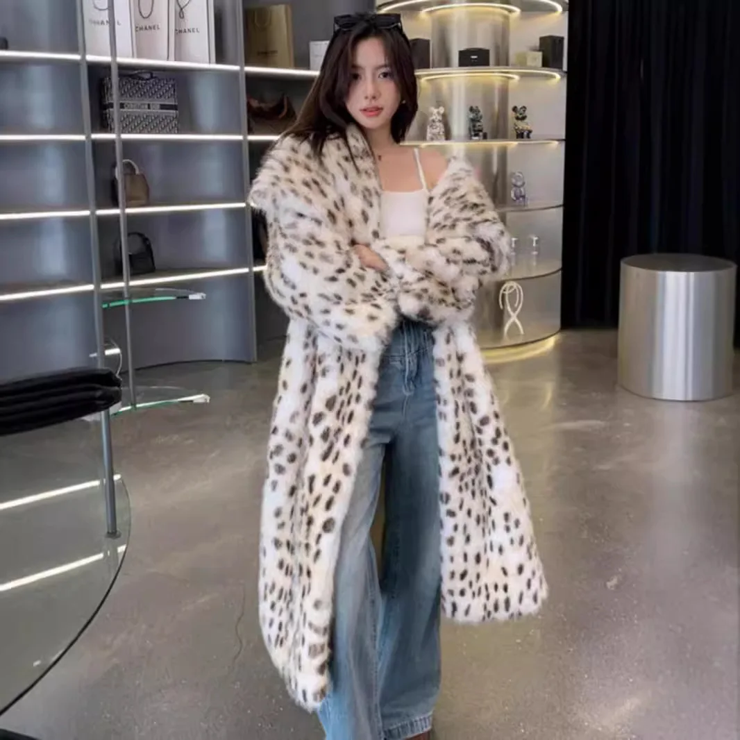 

Sexy Lapel Leopard Print Fox Fur Coat Women With Extended Long Waistband Autumn-Winter Faux Fur Overcoat Chaqueta Peluda Mujer