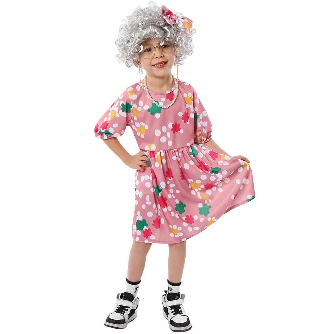 Kindertag Party Leistung Oma Cosplay Rollenspiel Kleid Krücke Perücke Mädchen Halloween Bühne verkleiden Outfit Kostüme