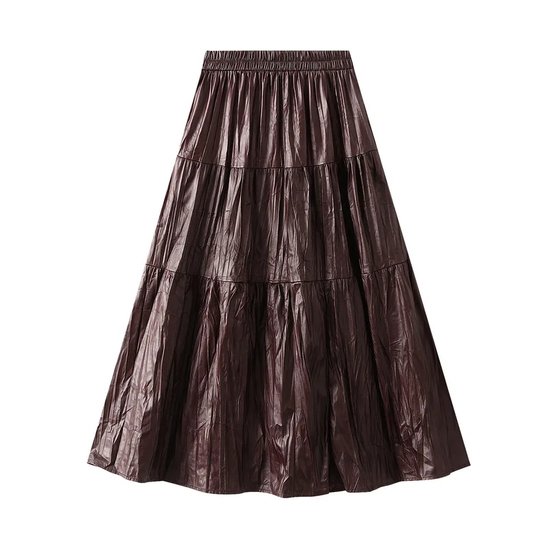 Korean version PU skirt for women with high waist and slimming effect, spliced large swing umbrella skirt, A-line skirt, pleated