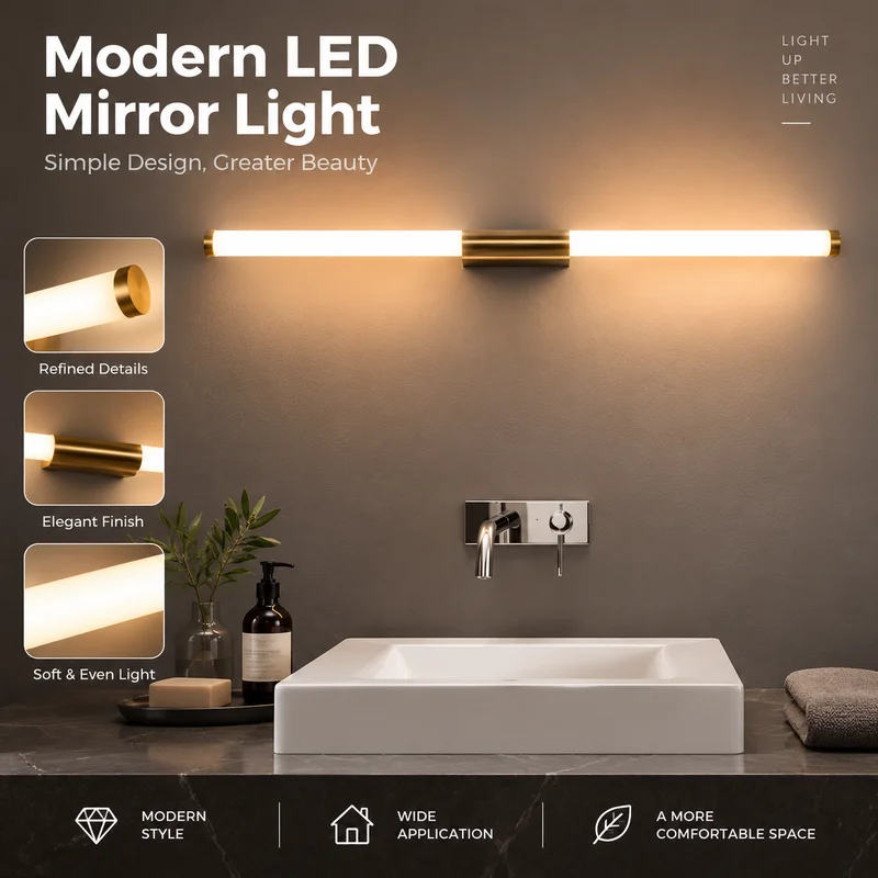 LED Bathroom Mirror Light Modern Sleek Wall Sconce Antique Brass Tubular Fixture for Bedroom Living Room Hallway Stairway Decor
