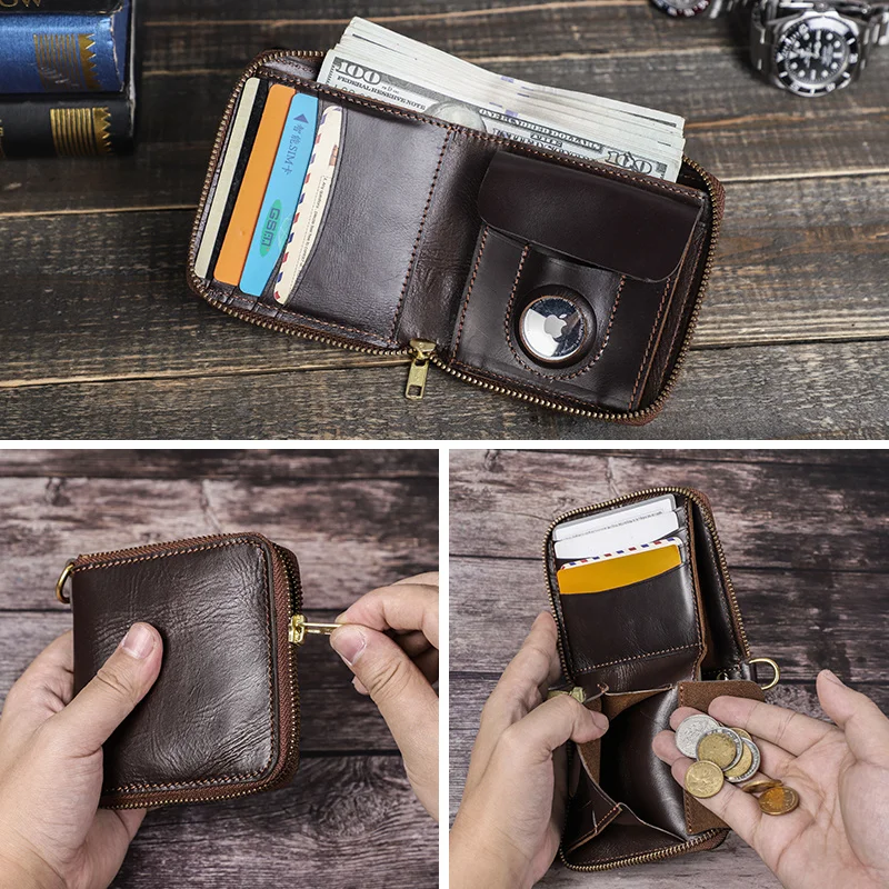 Genuine Leather Men Wallet Slim Airtag Case Design Small Coin Purse YKK Zipper Around Wallets Card Holder Clutch Male